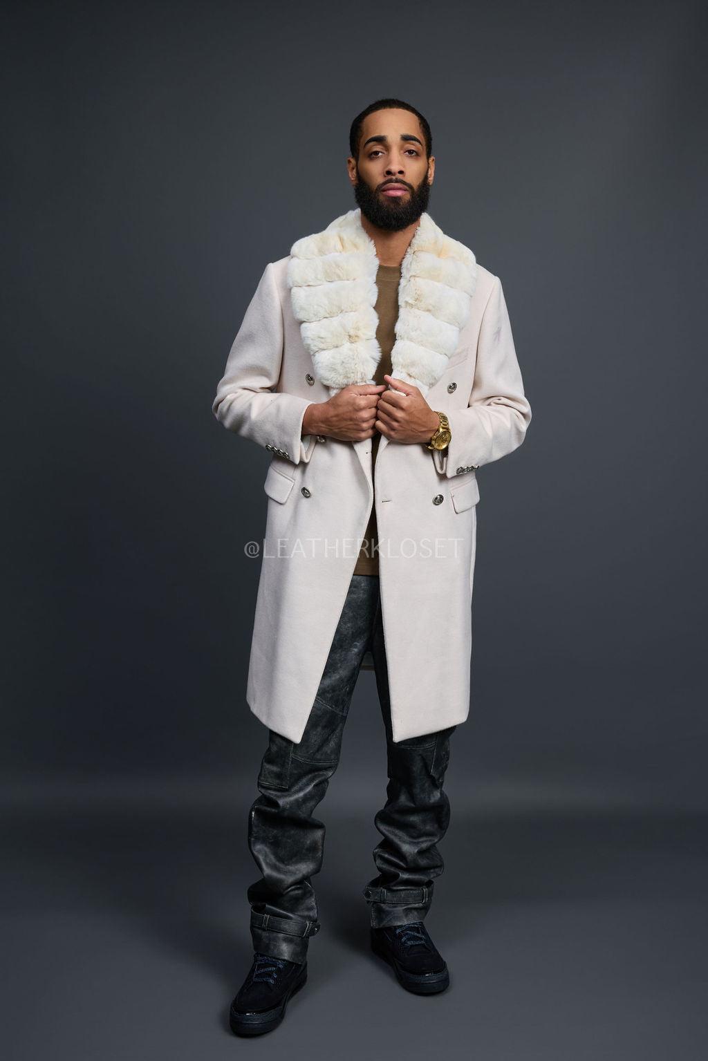 Men's Cashmere Trench Coat Cream With Chinchilla Collar [Cream