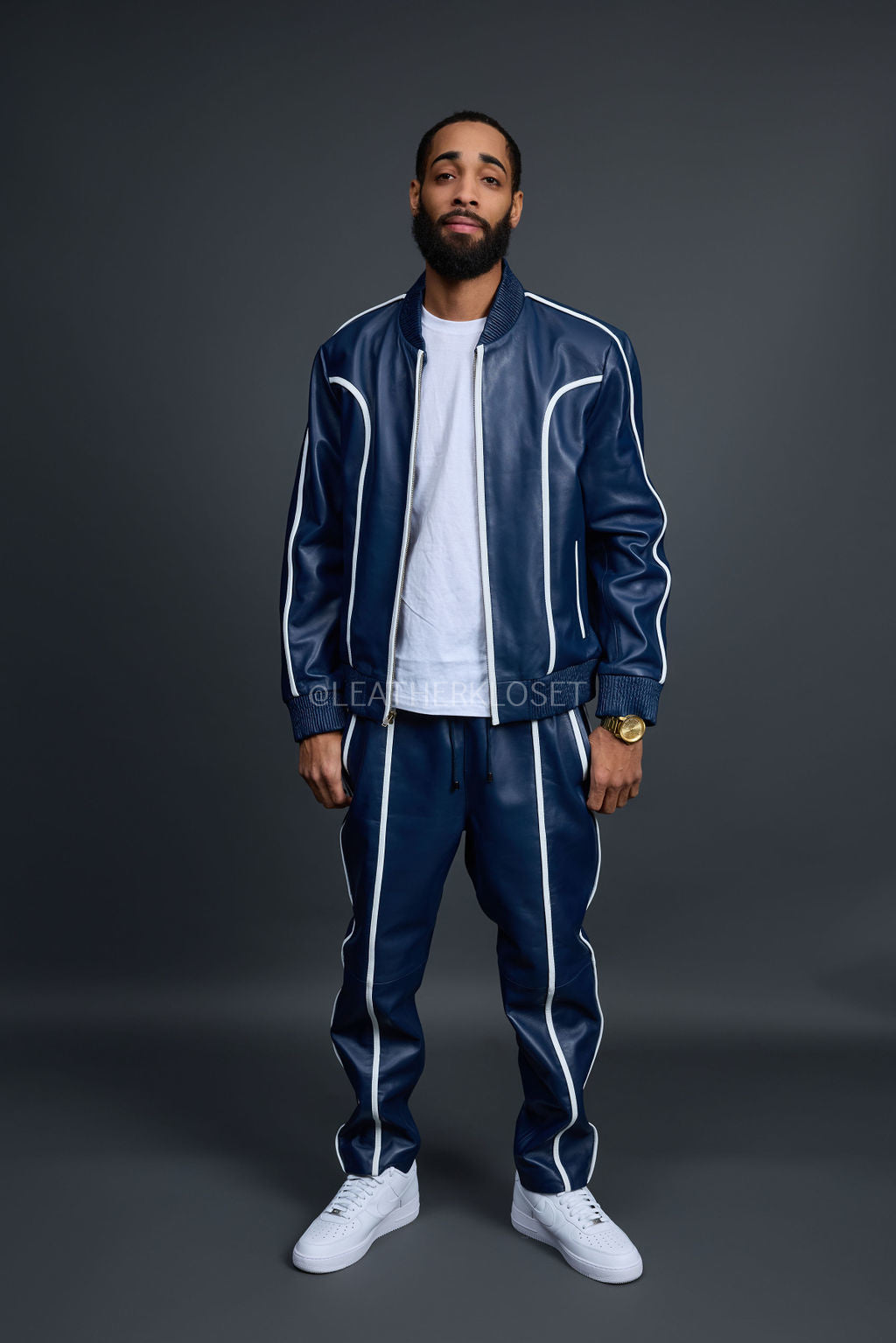 Men's Brayden Leather Track Suit Sweatsuit [Navy/White