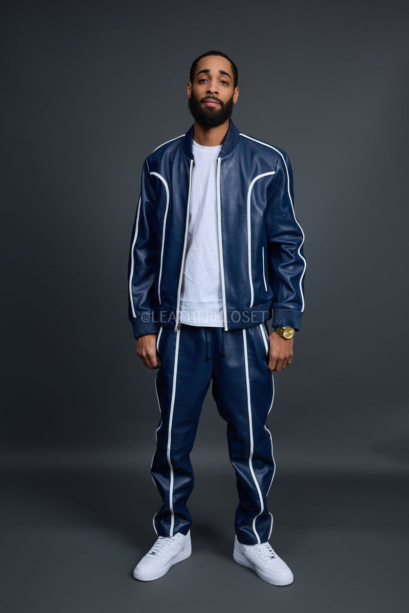 Men's Brayden Leather Track Suit Sweatsuit [Navy/White]