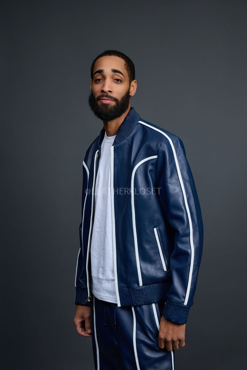 Men's Brayden Leather Track Suit Sweatsuit [Navy/White]