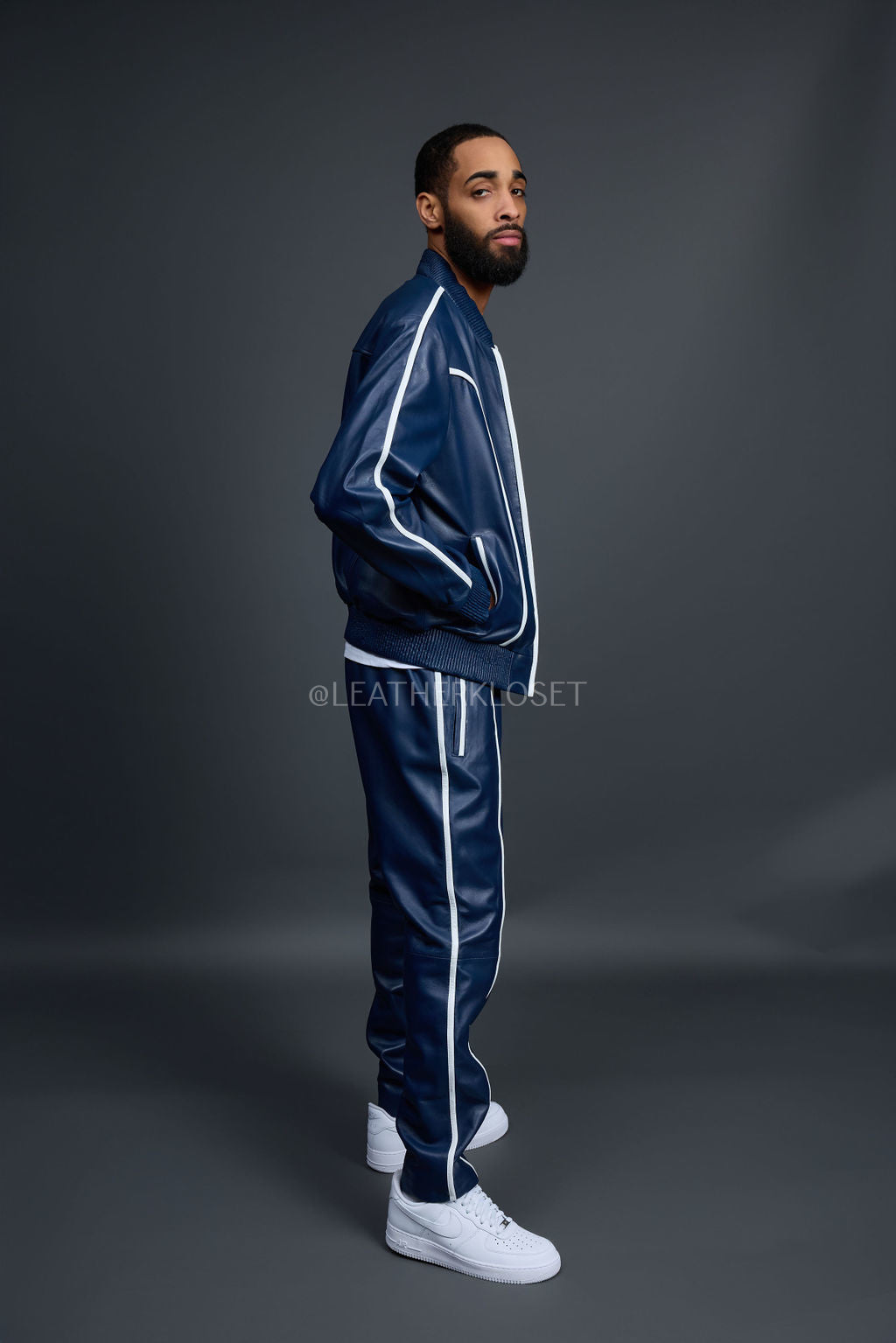 Men's Brayden Leather Track Suit Sweatsuit [Navy/White]