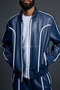 Men's Brayden Leather Track Suit Sweatsuit [Navy/White]