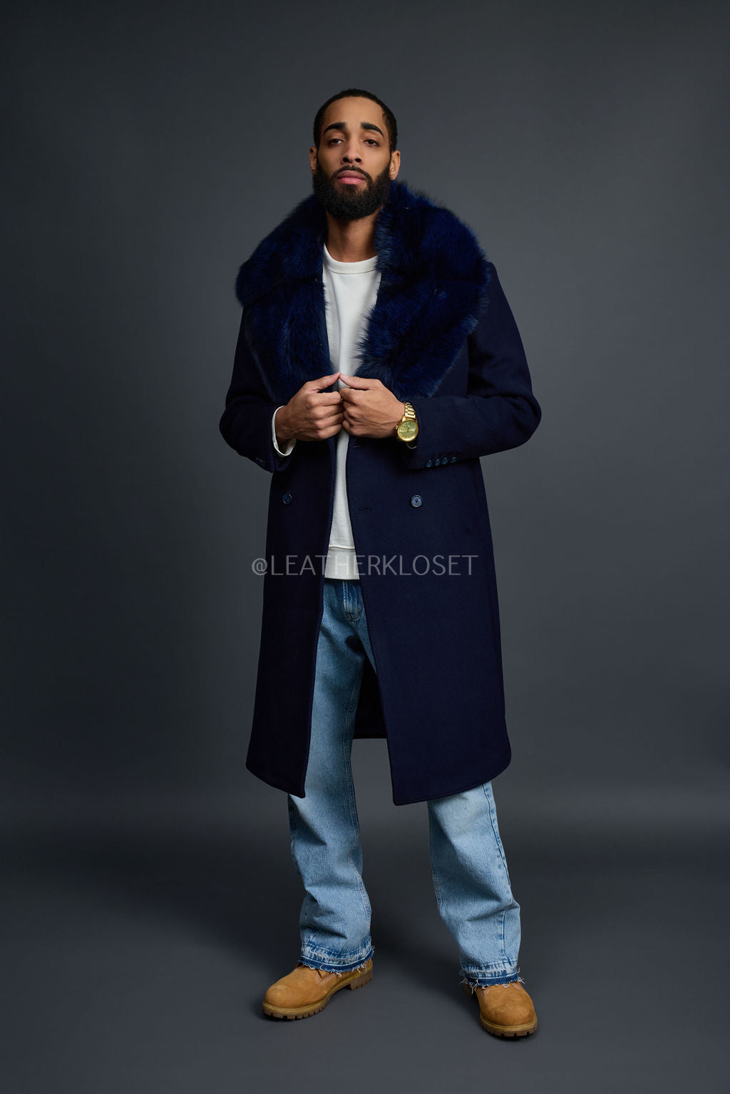 Men's Ambassador Cashmere Trench Coat With Fox Collar [Navy