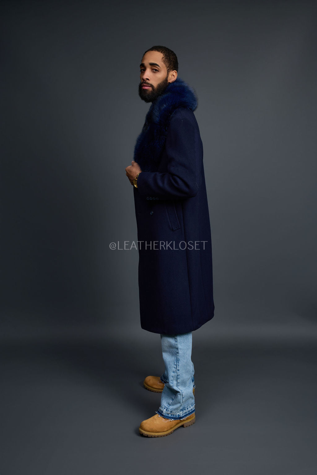 Men's Ambassador Cashmere Trench Coat With Fox Collar [Navy]