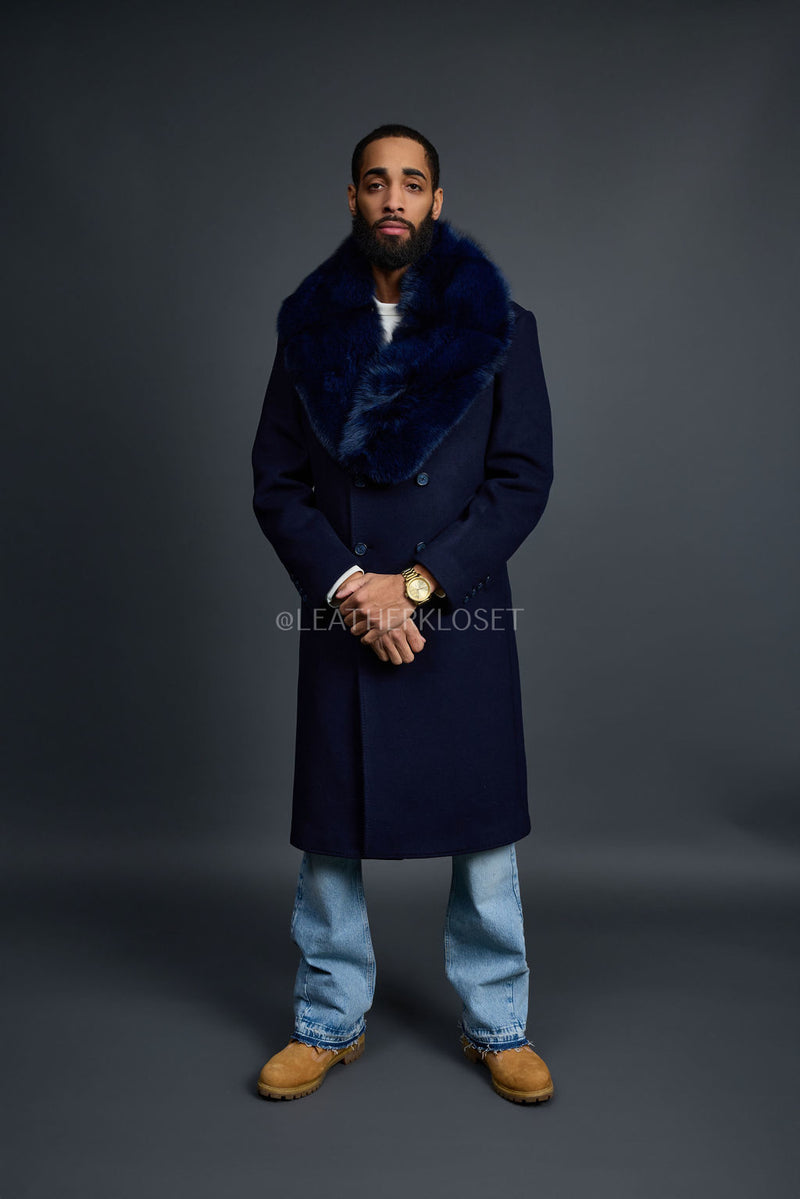 Men's Ambassador Cashmere Trench Coat With Fox Collar [Navy]