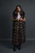 Women's Long Fox Fur Vest With Hood [Brown]