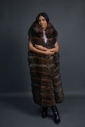 Women's Long Fox Fur Vest With Hood [Brown]