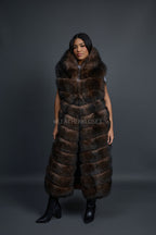 Women's Long Fox Fur Vest With Hood [Brown]