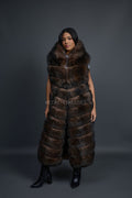 Women's Long Fox Fur Vest With Hood [Brown]