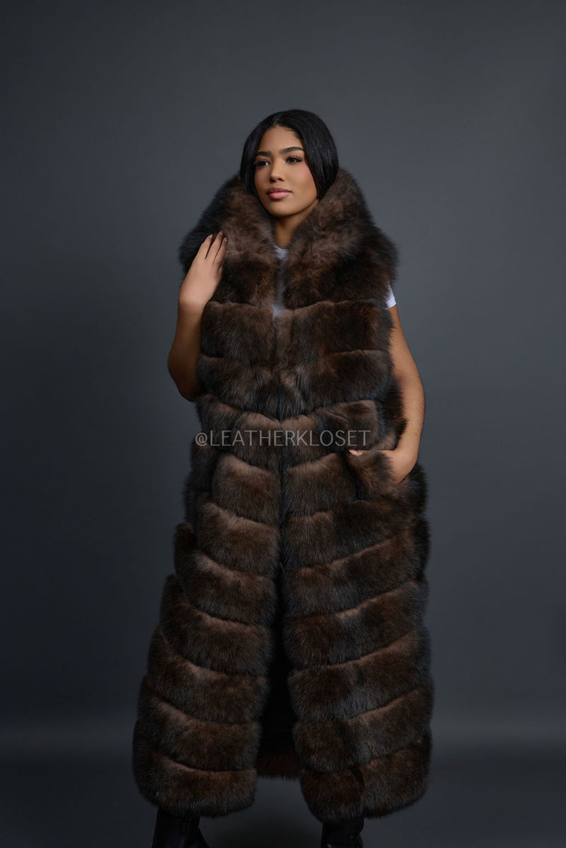 Women's Long Fox Fur Vest With Hood [Brown]