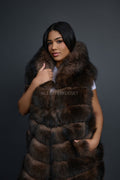 Women's Long Fox Fur Vest With Hood [Brown]