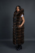 Women's Long Fox Fur Vest With Hood [Brown]