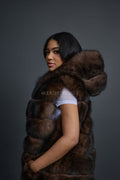 Women's Long Fox Fur Vest With Hood [Brown]