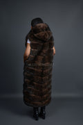 Women's Long Fox Fur Vest With Hood [Brown]