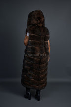 Women's Long Fox Fur Vest With Hood [Brown]