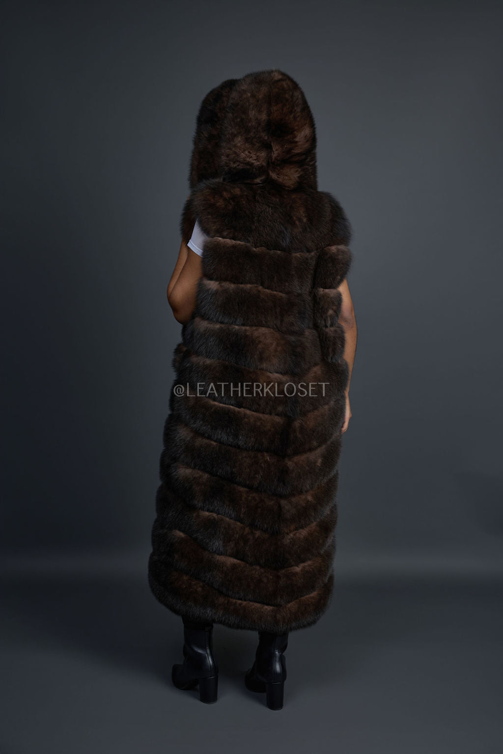 Women's Long Fox Fur Vest With Hood [Brown]