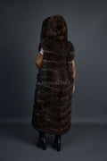 Women's Long Fox Fur Vest With Hood [Brown]