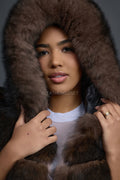 Women's Long Fox Fur Vest With Hood [Brown]