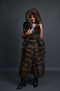 Women's Long Fox Fur Vest With Hood [Brown]