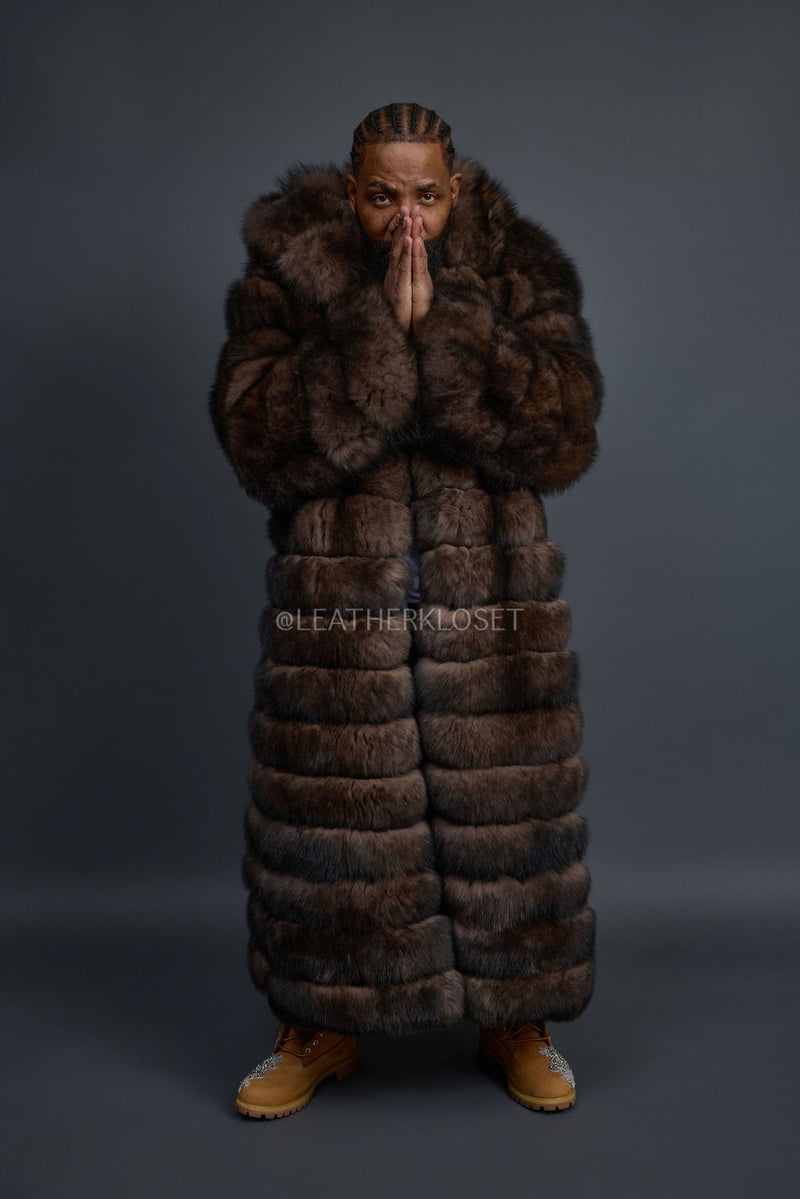 Men's Fox Fur Long Trench Coat [Brown]