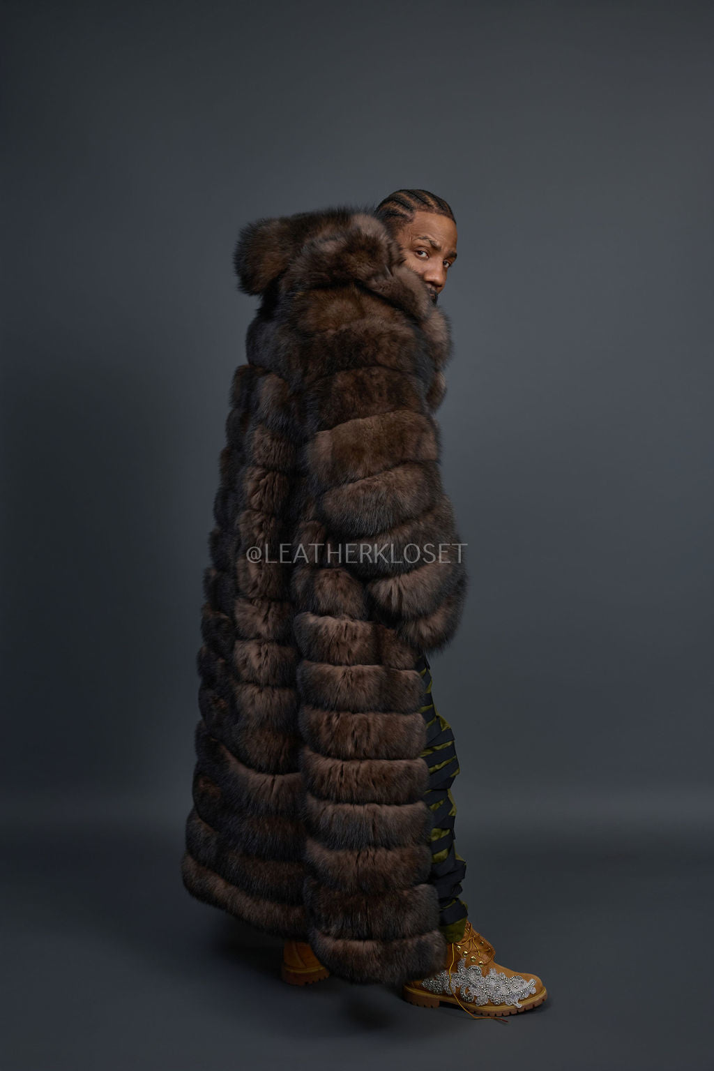 Men's Fox Fur Long Trench Coat [Brown]