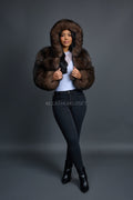 Women's Crop Fox Bomber With Hood [Brown]