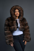 Women's Crop Fox Bomber With Hood [Brown]