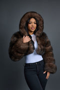 Women's Crop Fox Bomber With Hood [Brown]