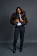 Women's Crop Fox Bomber With Hood [Brown]