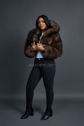 Women's Crop Fox Bomber With Hood [Brown]