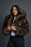 Women's Crop Fox Bomber With Hood [Brown]