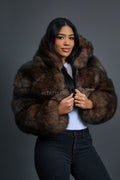 Women's Crop Fox Bomber With Hood [Brown]