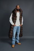 Men's Long Fox Fur Vest With Hood [Brown]