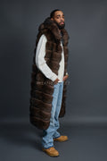 Men's Long Fox Fur Vest With Hood [Brown]