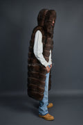 Men's Long Fox Fur Vest With Hood [Brown]