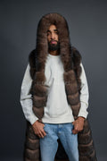 Men's Long Fox Fur Vest With Hood [Brown]