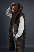 Men's Long Fox Fur Vest With Hood [Brown]