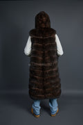 Men's Long Fox Fur Vest With Hood [Brown]