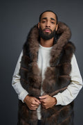 Men's Long Fox Fur Vest With Hood [Brown]