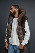 Men's Long Fox Fur Vest With Hood [Brown]