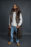 Men's Long Fox Fur Vest With Hood [Brown]