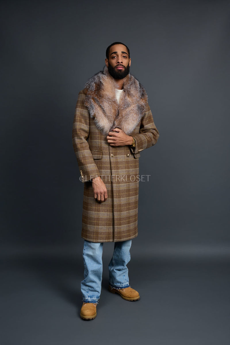 Men's Cashmere Trench Coat With Fox Collar [Brown Checks]