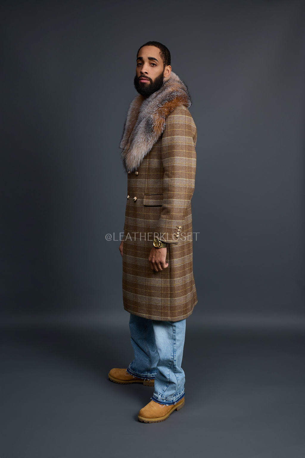 Men's Cashmere Trench Coat With Fox Collar [Brown Checks]