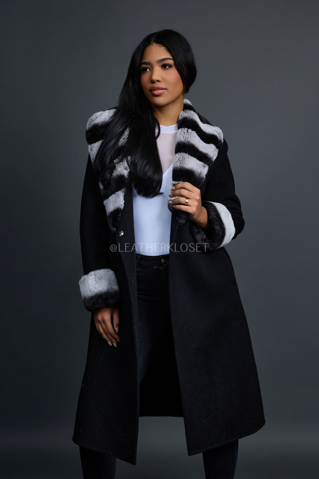 Women's Cashmere Trench Coat With Rex Trimming [Black]