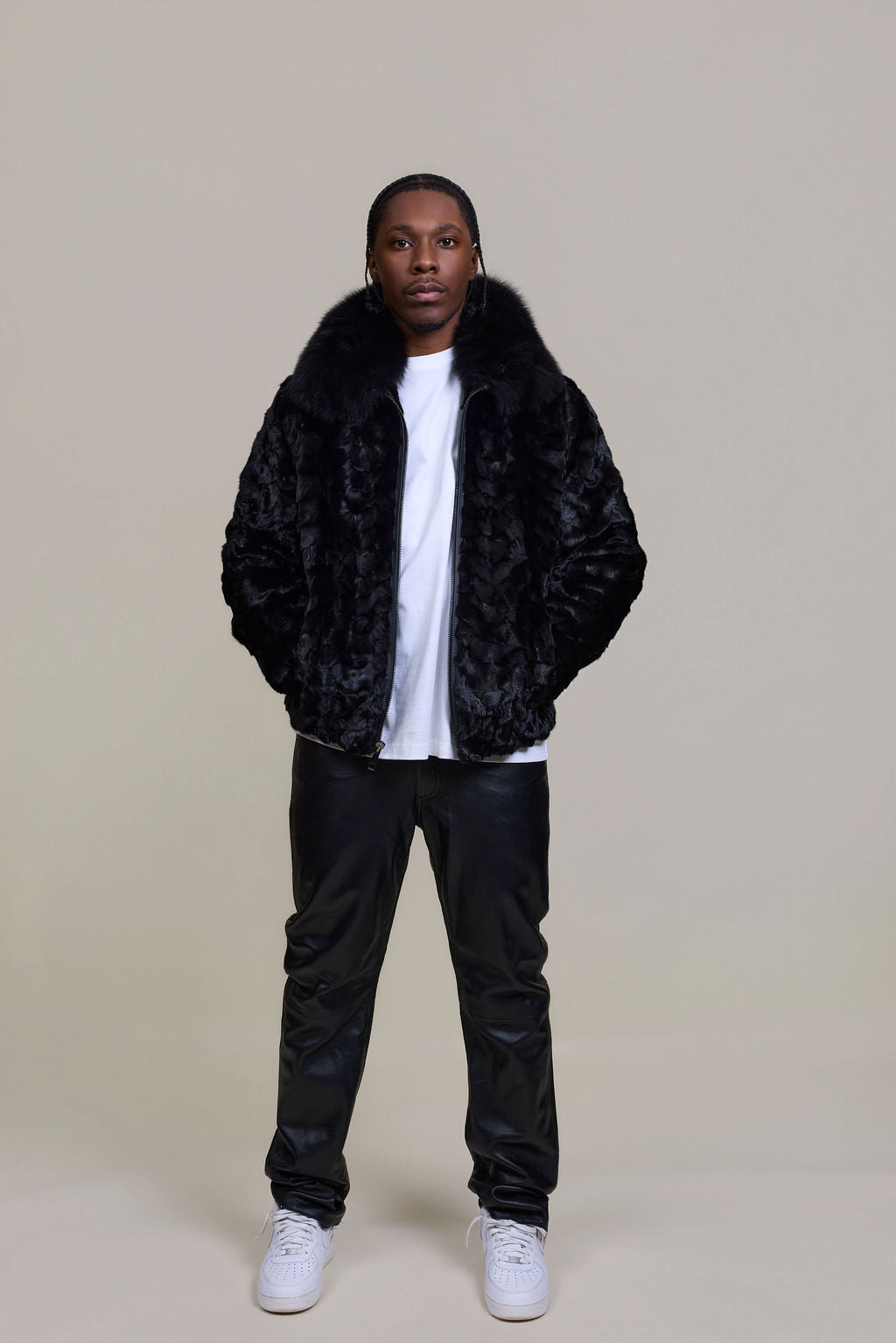 Men's Mink with Fox Fur Bomber Jacket [Black]