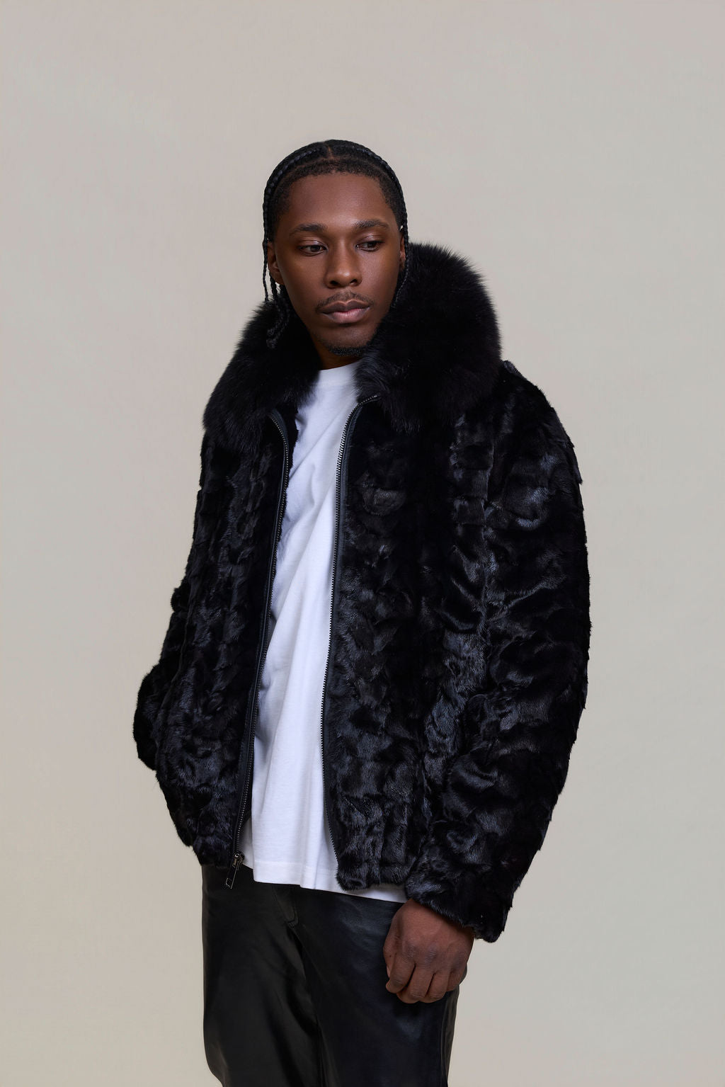 Men's Mink with Fox Fur Bomber Jacket [Black]