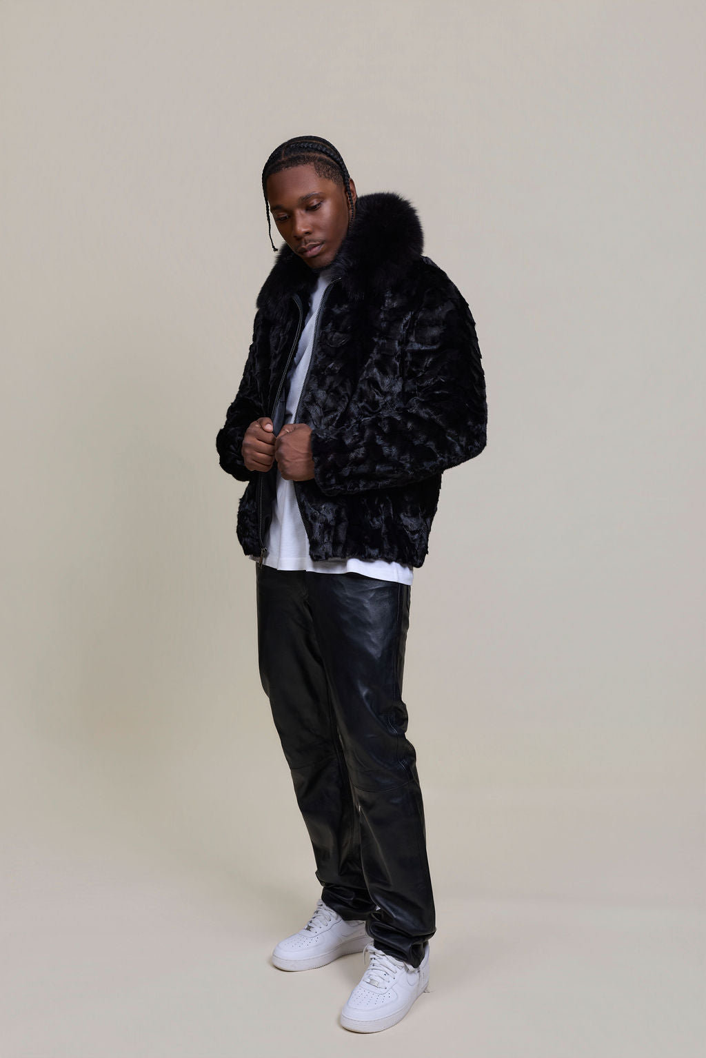 Men's Mink with Fox Fur Bomber Jacket [Black]
