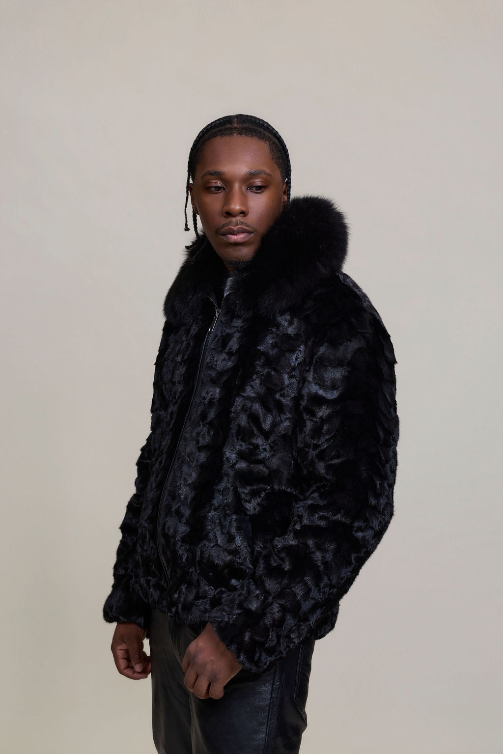 Men's Mink with Fox Fur Bomber Jacket [Black]