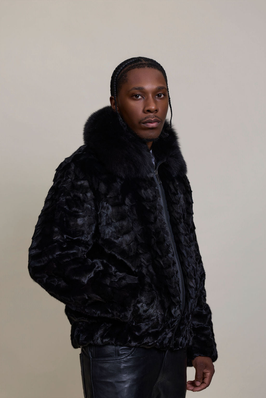 Men's Mink with Fox Fur Bomber Jacket [Black]