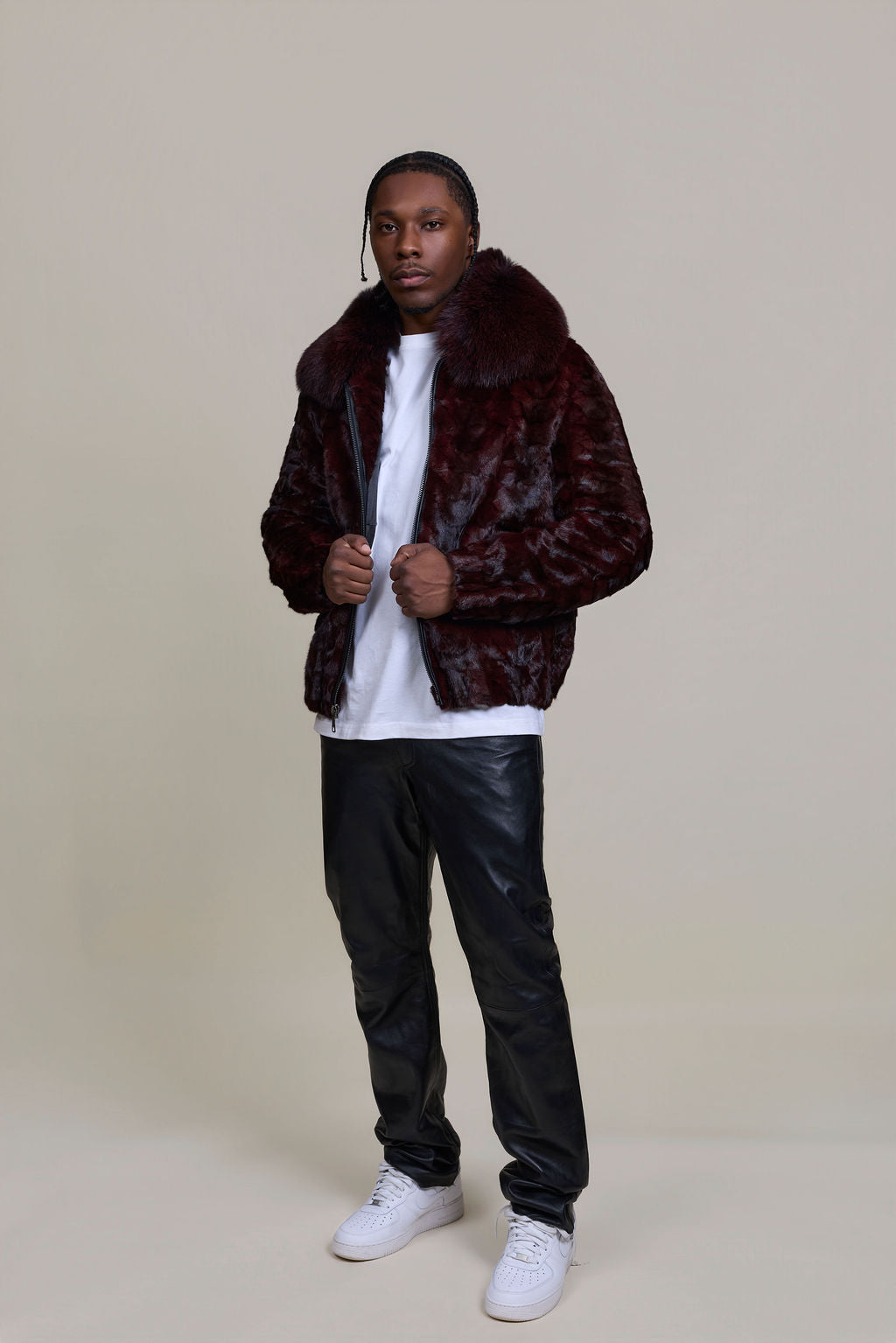 Men's Mink with Fox Fur Bomber Jacket [Wine]
